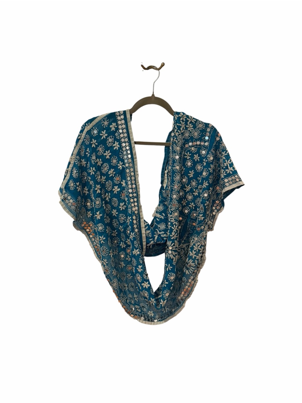 Raj Teal 100% Silk Embroidered Mirror Sequin Infinity Scarf Boho NWT